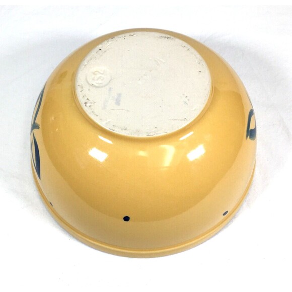 Vtg Yellow Ware Ceramic Blue Floral Leaf 8.5" Mixing Bowl Serving Farm Décor 452 - Picture 9 of 11